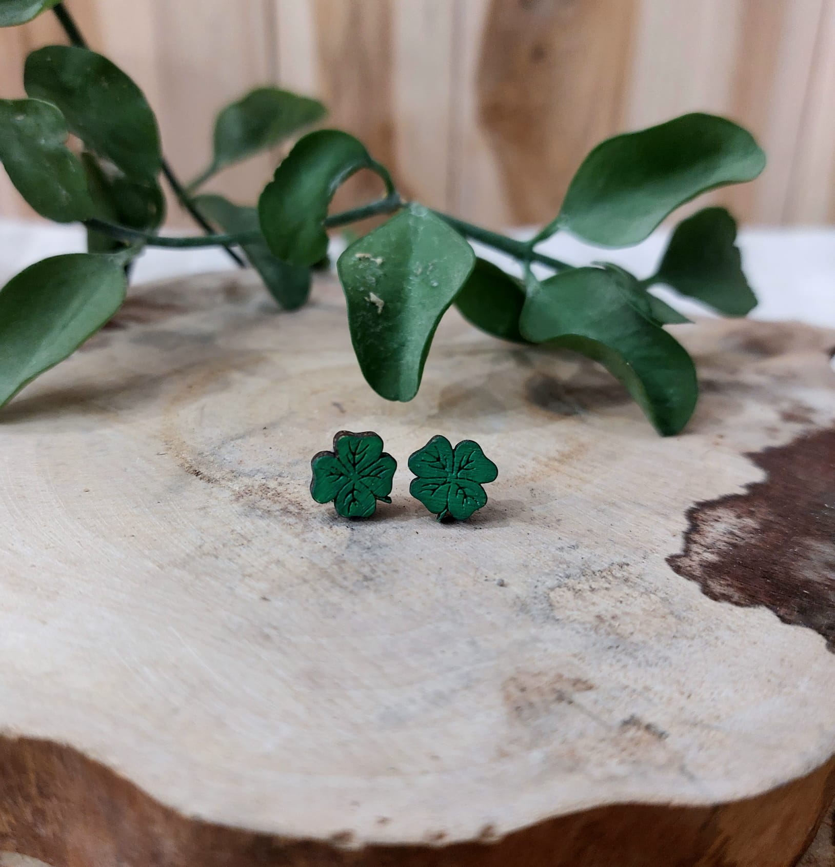 Na zdjęciu widać kolczyki z motywem koniczyny z zapięciami silikonowymi.