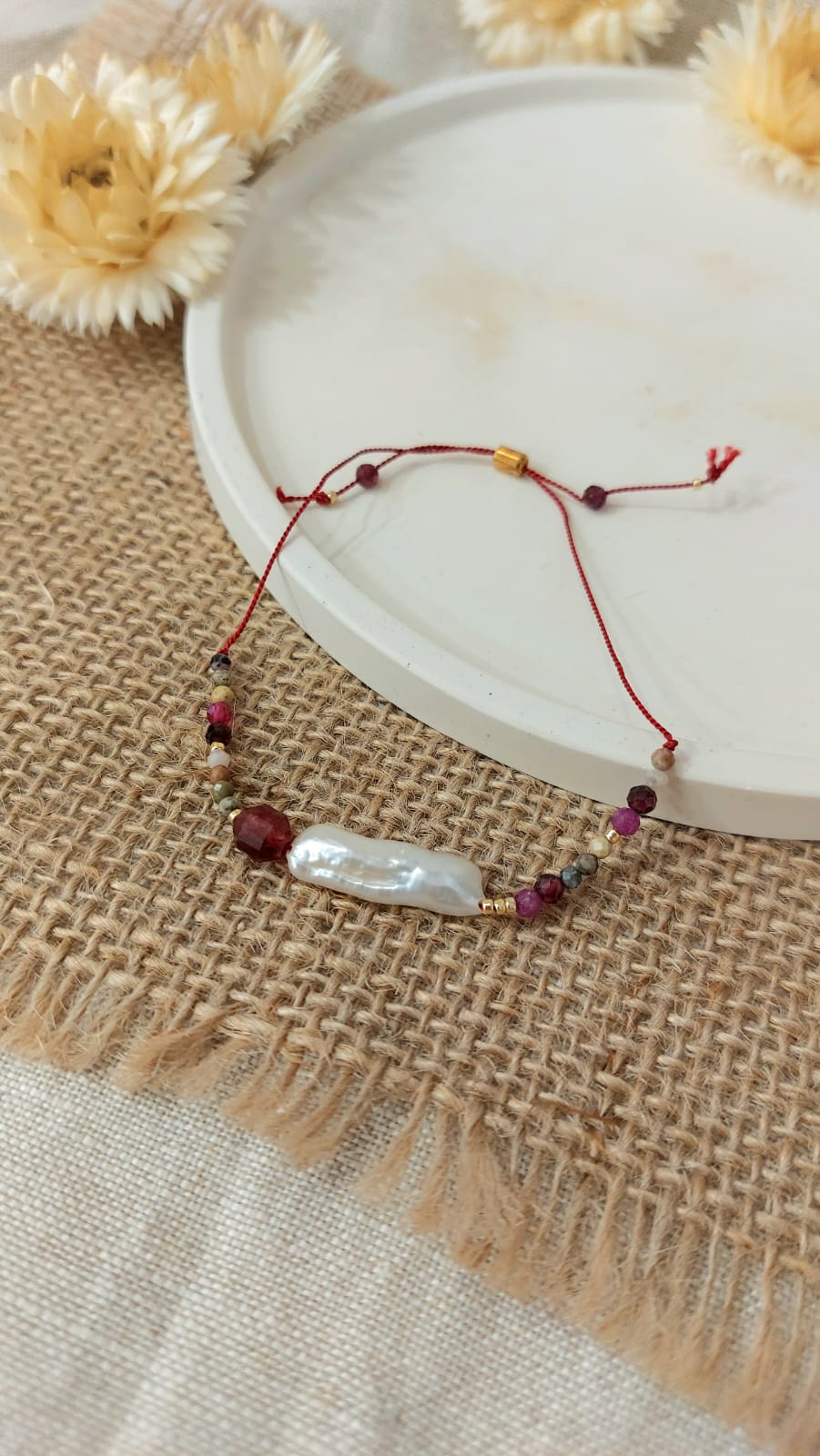 Bransoletka z naturalnych kamieni perła słodkowodna, rubin, granat, turmalin